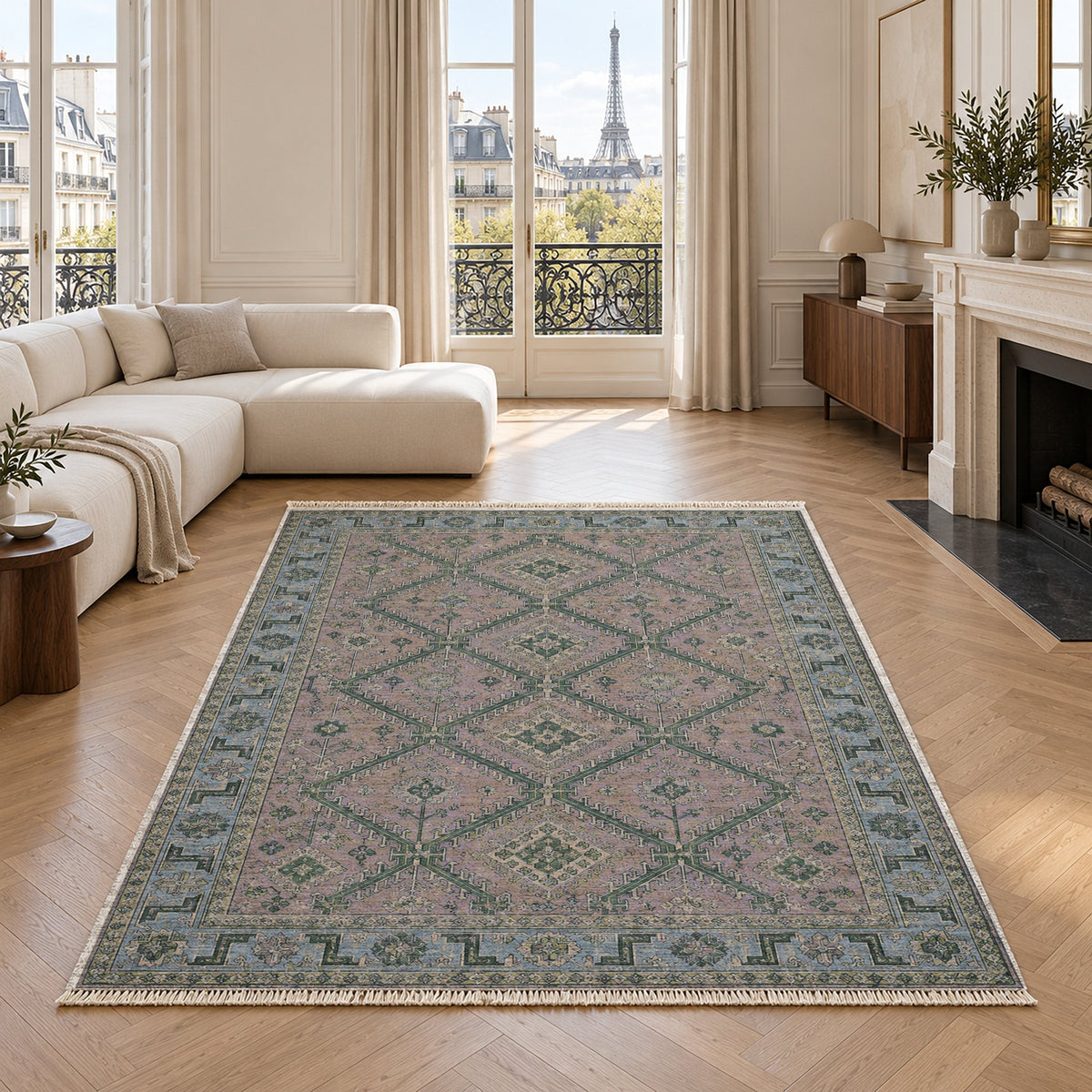 Diamond Rampart Mineral Blue washable rug in a living room with an Eiffel Tower view