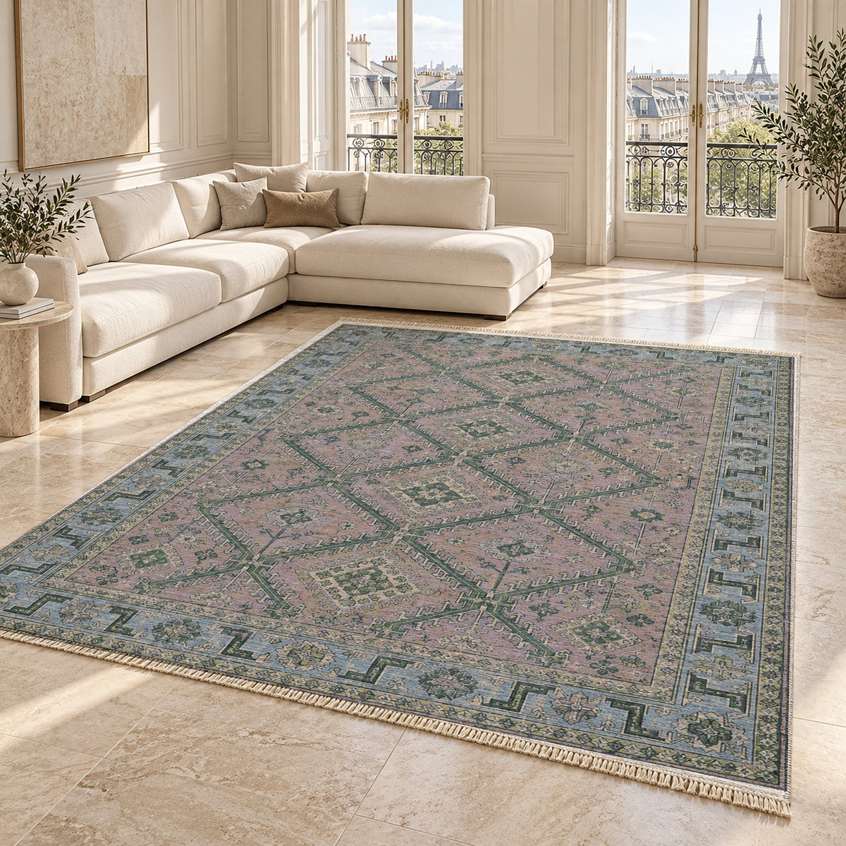 Diamond Rampart Mineral Blue washable rug angled room view on marble