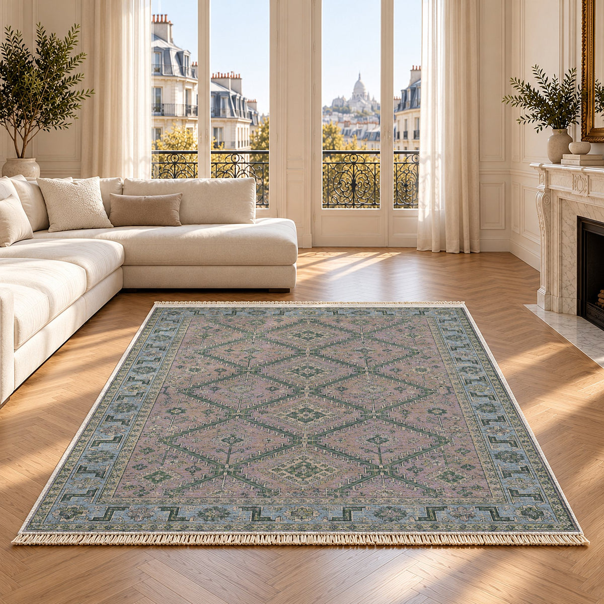 Diamond Rampart Mineral Blue washable rug on an oak floor