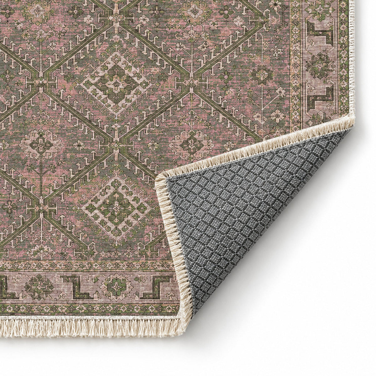 Diamond Rampart Rose & Olive washable rug folded corner showing the backing