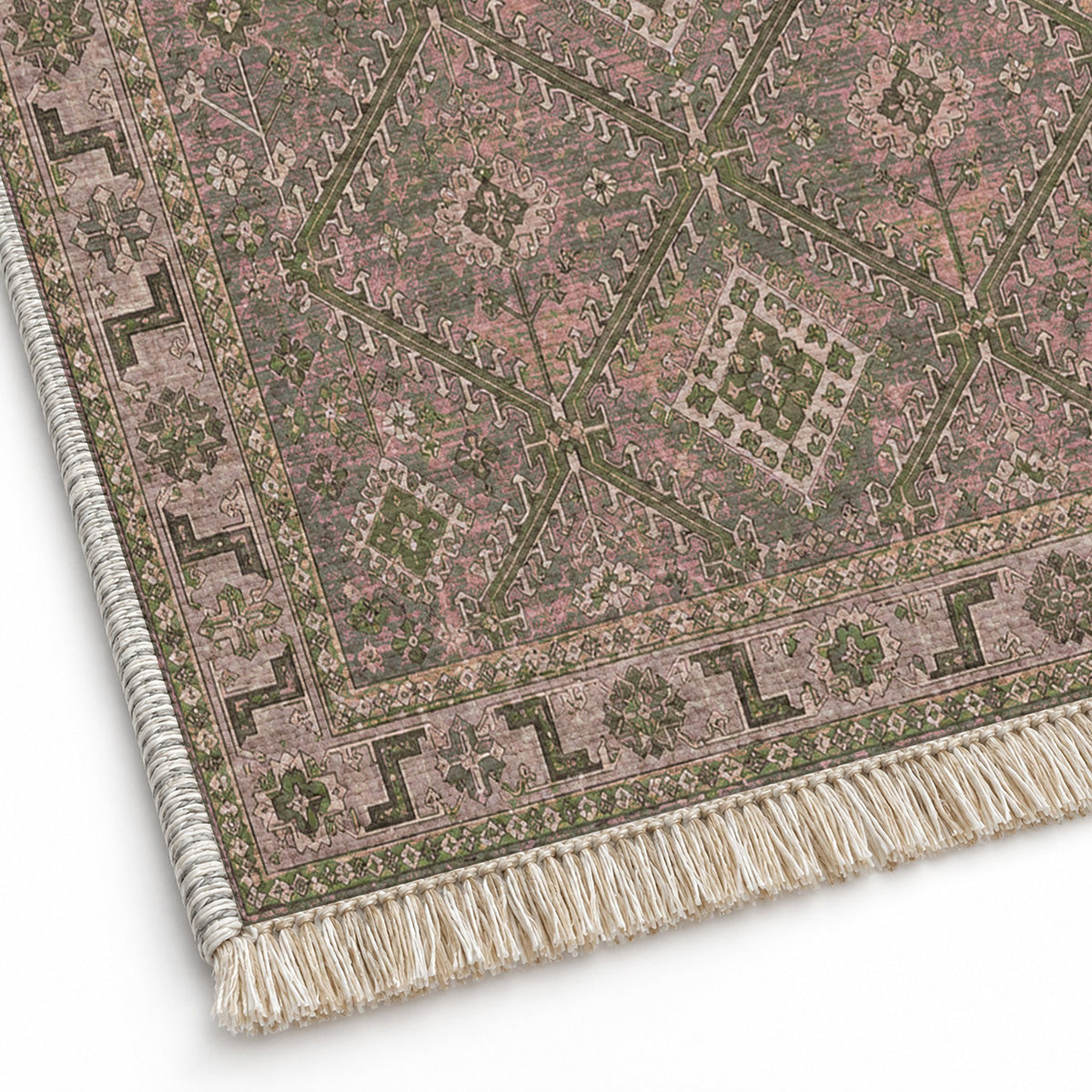 Diamond Rampart Rose & Olive washable rug close-up of the printed chenille