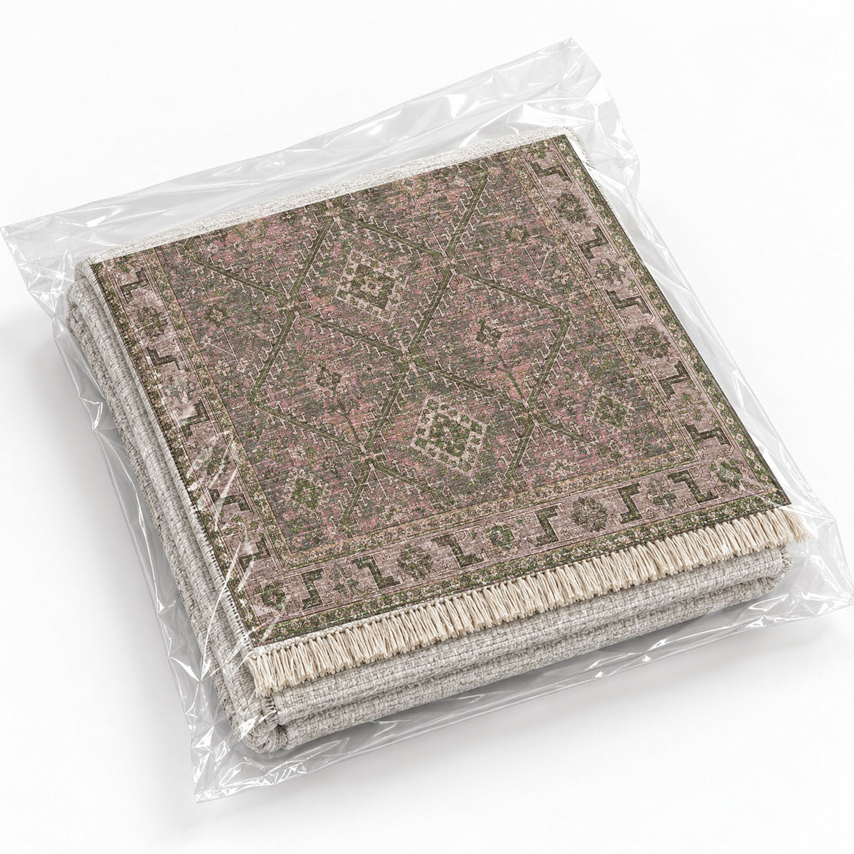Diamond Rampart Rose & Olive washable rug rolled and packaged