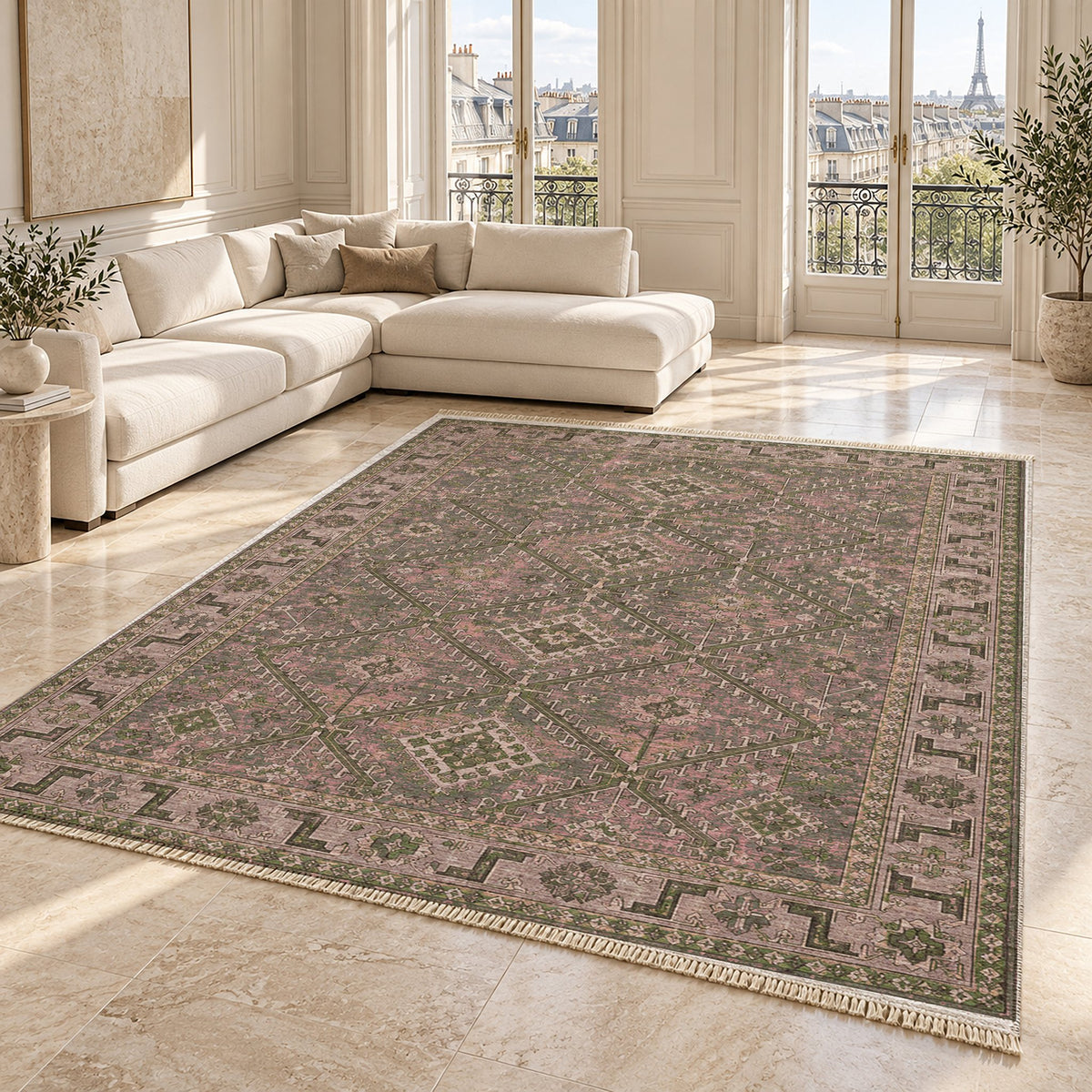 Diamond Rampart Rose & Olive washable rug angled room view on marble