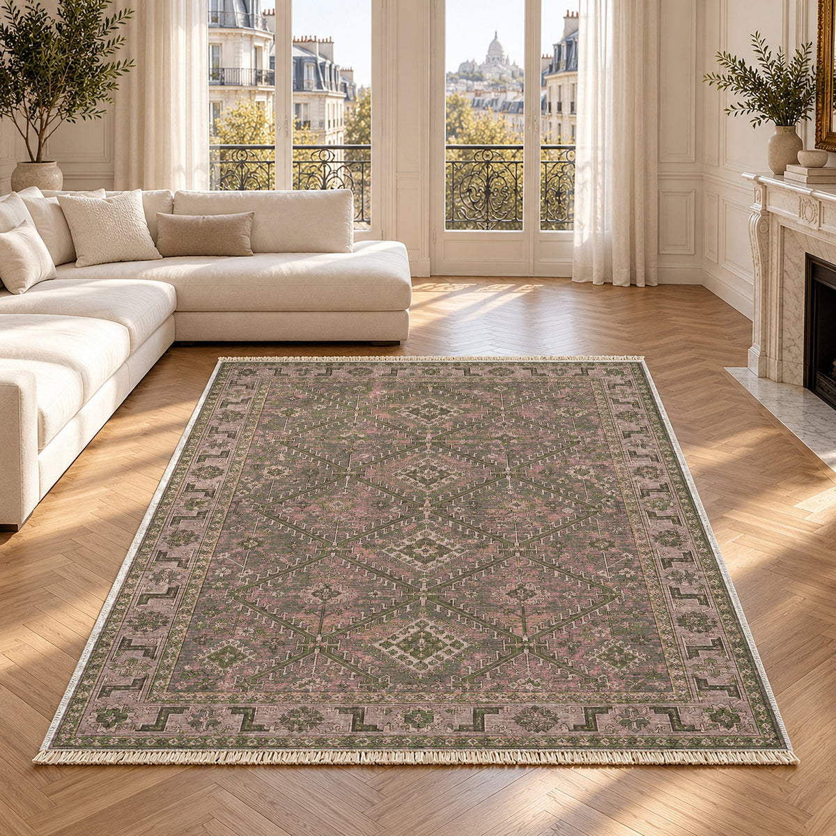 Diamond Rampart Rose & Olive washable rug in a Paris living room