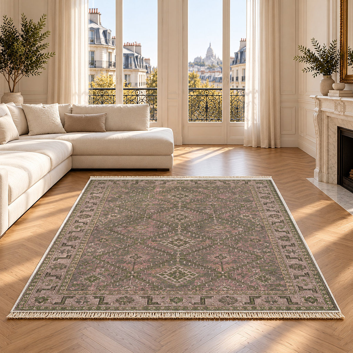 Diamond Rampart Rose & Olive washable rug on an oak floor