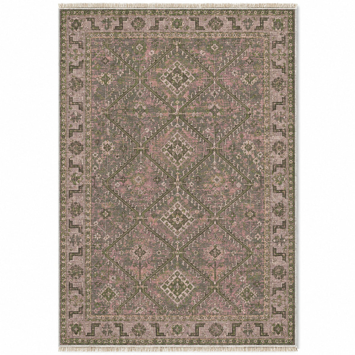 Diamond Rampart Rose & Olive washable rug top view