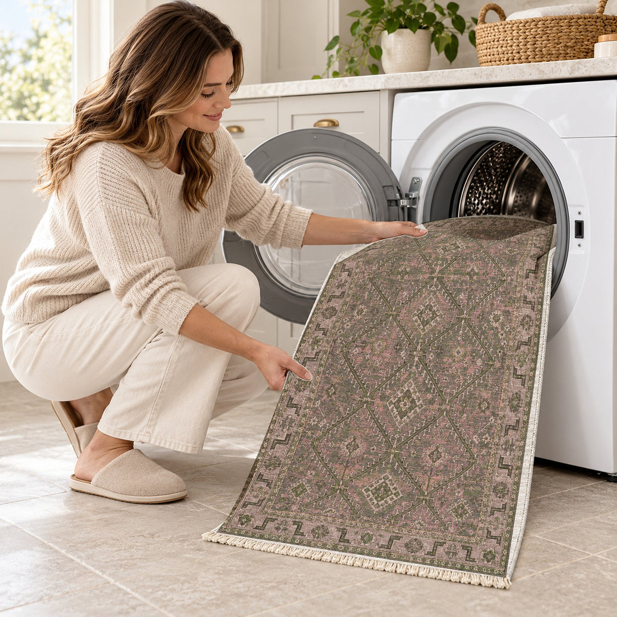 Diamond Rampart Rose & Olive washable rug being loaded into a washing machine