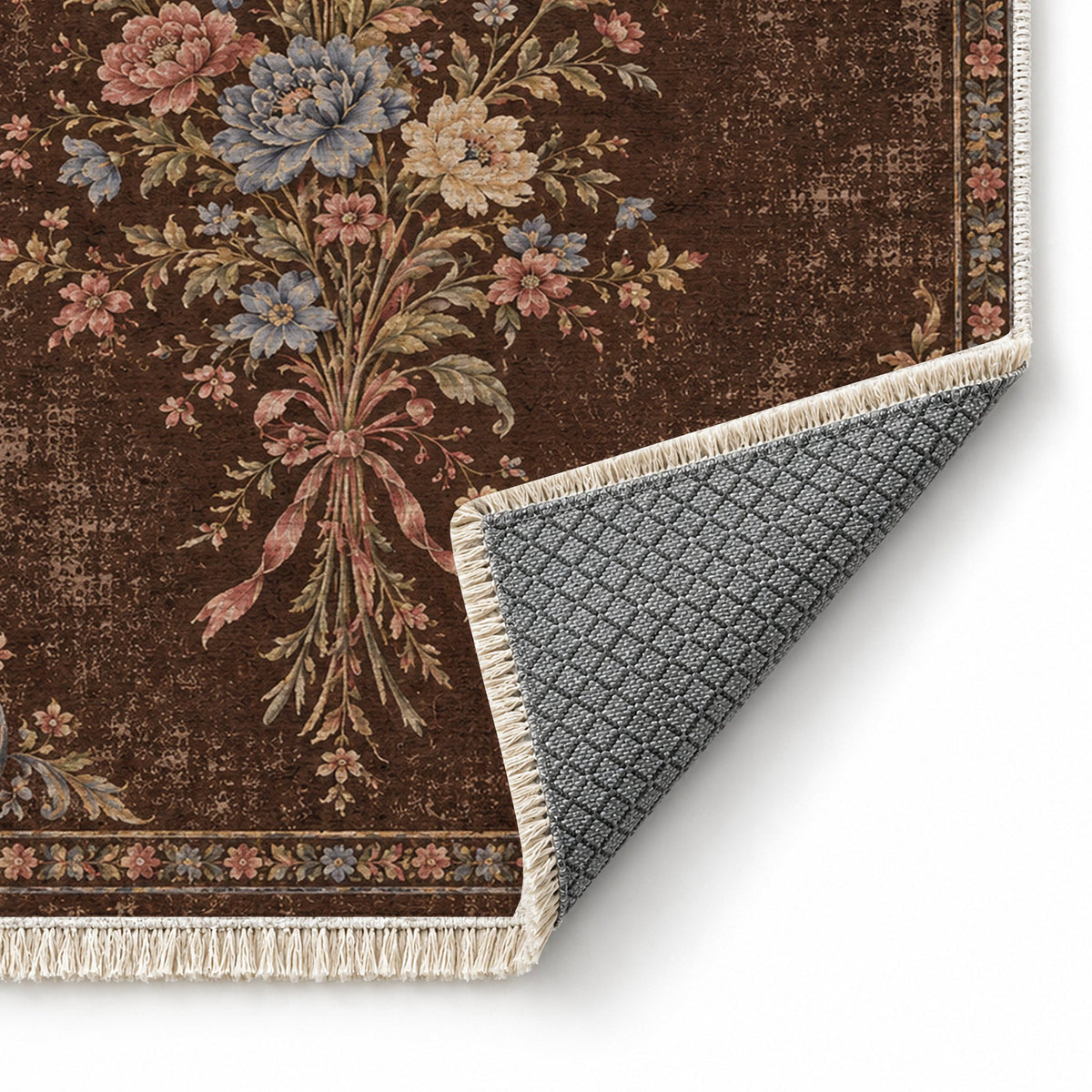 Dissolving Ribbon Bouquet Espresso & Cornflower washable rug folded corner showing the backing