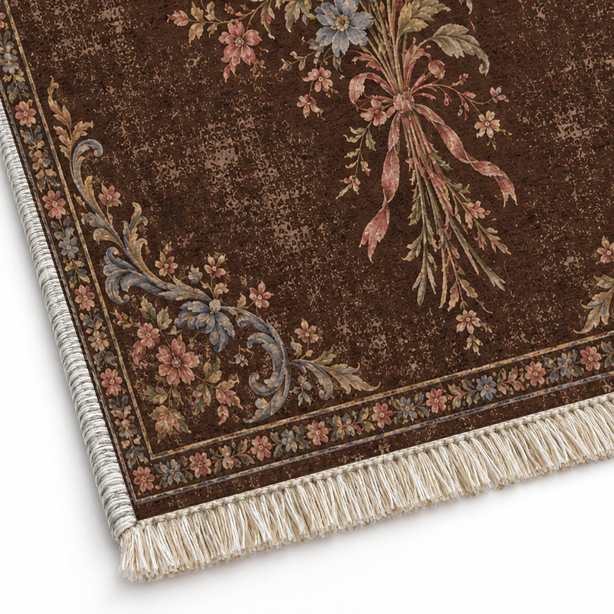 Dissolving Ribbon Bouquet Espresso & Cornflower washable rug close-up of the printed chenille