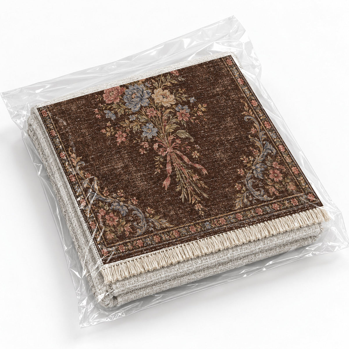 Dissolving Ribbon Bouquet Espresso & Cornflower washable rug rolled and packaged