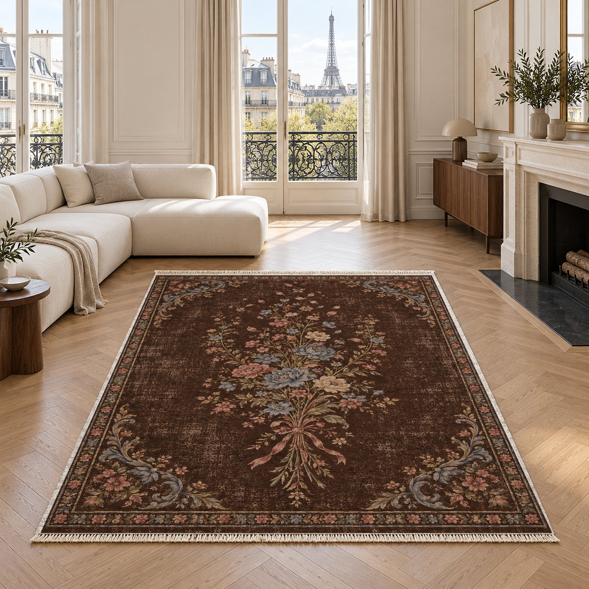Dissolving Ribbon Bouquet Espresso & Cornflower washable rug in a living room with an Eiffel Tower view