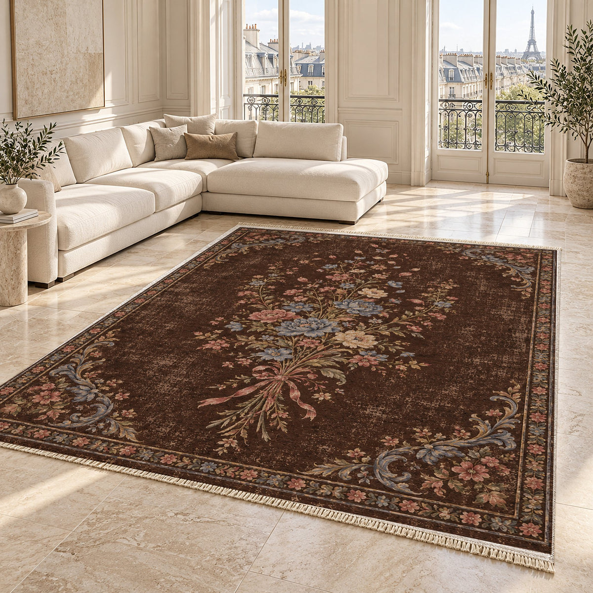 Dissolving Ribbon Bouquet Espresso & Cornflower washable rug angled room view on marble
