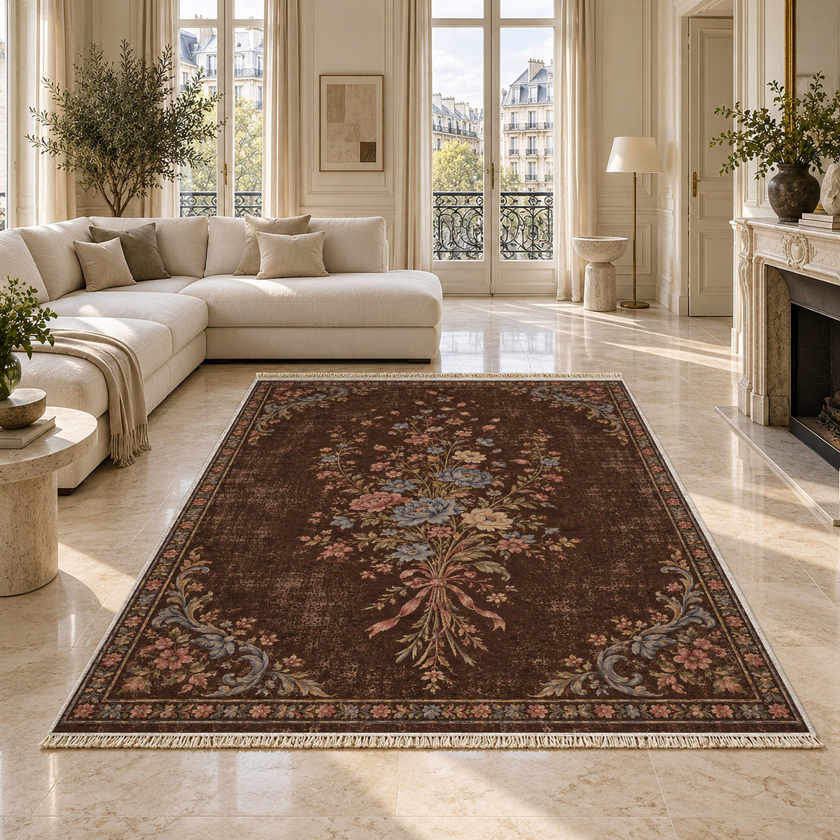 Dissolving Ribbon Bouquet Espresso & Cornflower washable rug on a marble floor