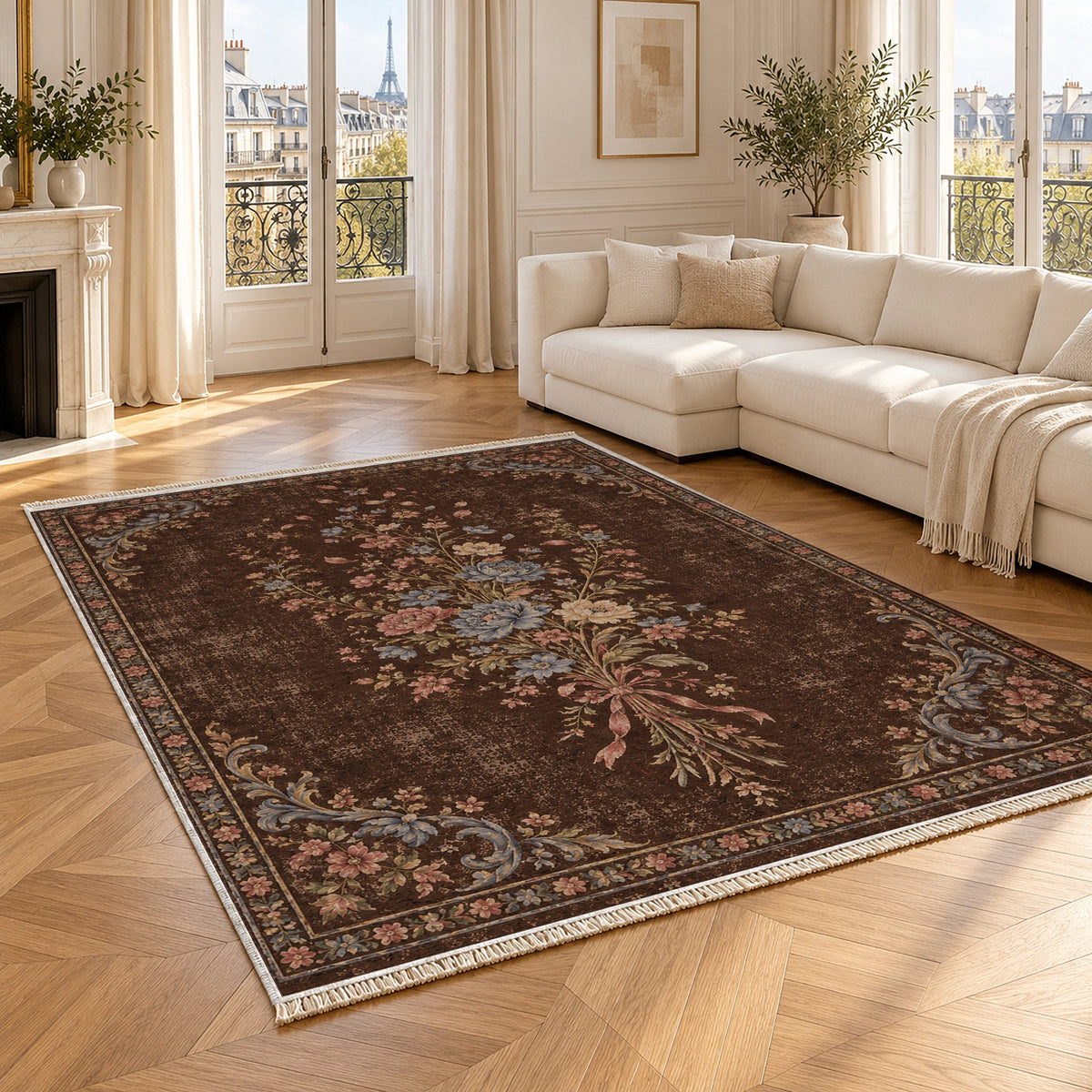 Dissolving Ribbon Bouquet Espresso & Cornflower washable rug angled room view