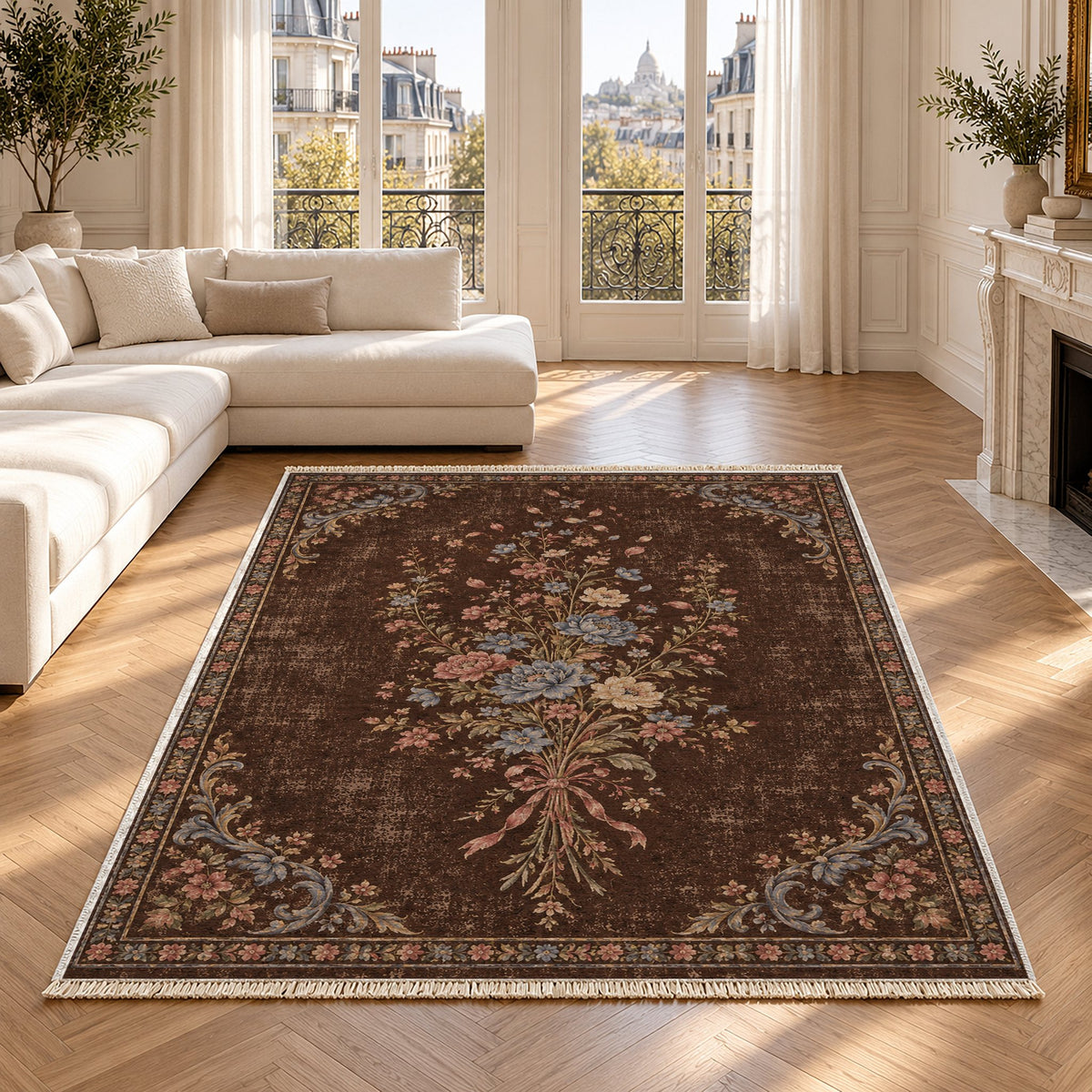 Dissolving Ribbon Bouquet Espresso & Cornflower washable rug in a Paris living room