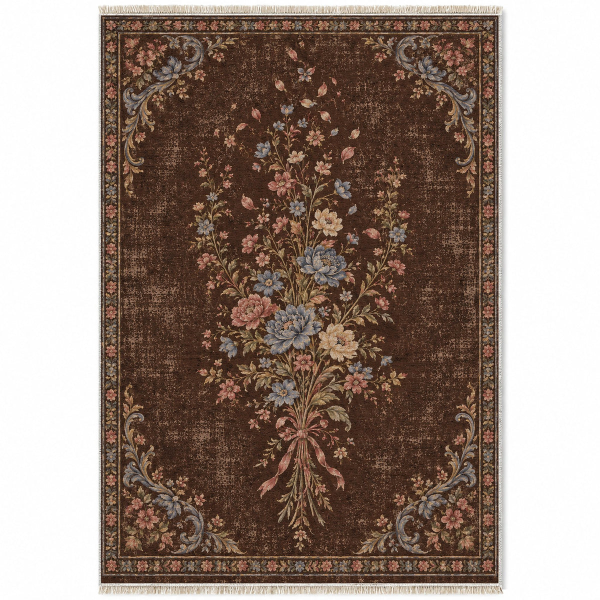 Dissolving Ribbon Bouquet Espresso & Cornflower washable rug top view