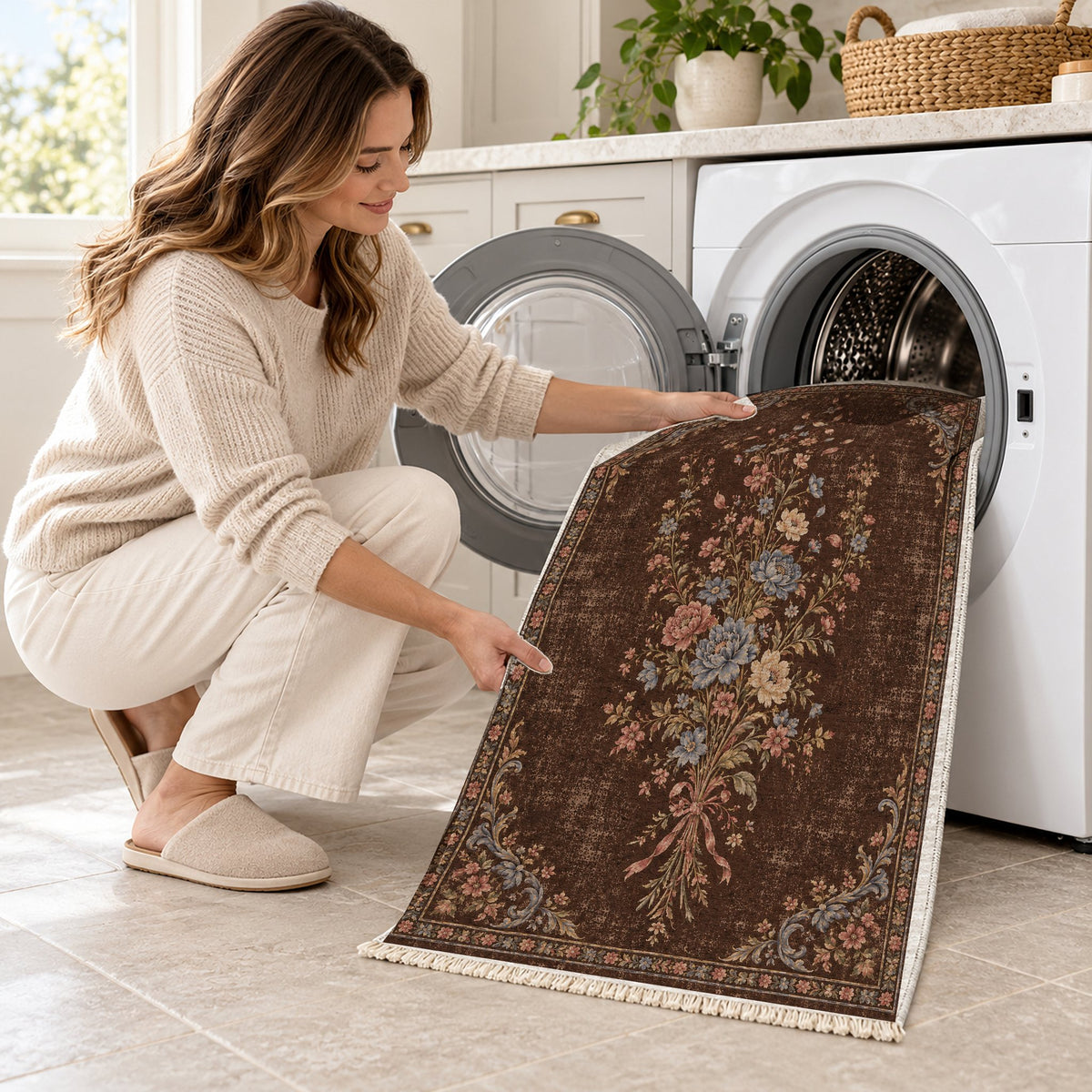 Dissolving Ribbon Bouquet Espresso & Cornflower washable rug being loaded into a washing machine
