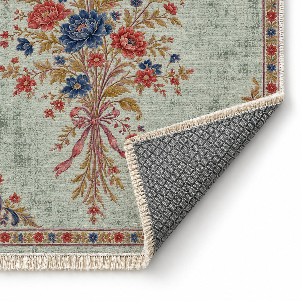 Dissolving Ribbon Bouquet Glacier, Ink & Vermilion washable rug folded corner showing the backing