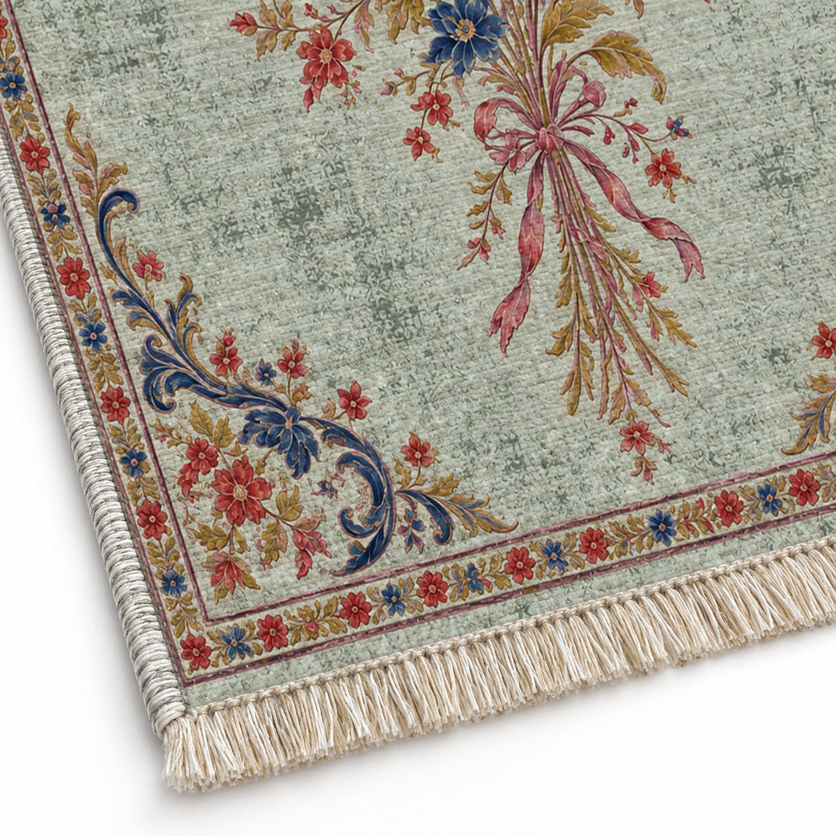 Dissolving Ribbon Bouquet Glacier, Ink & Vermilion washable rug close-up of the printed chenille