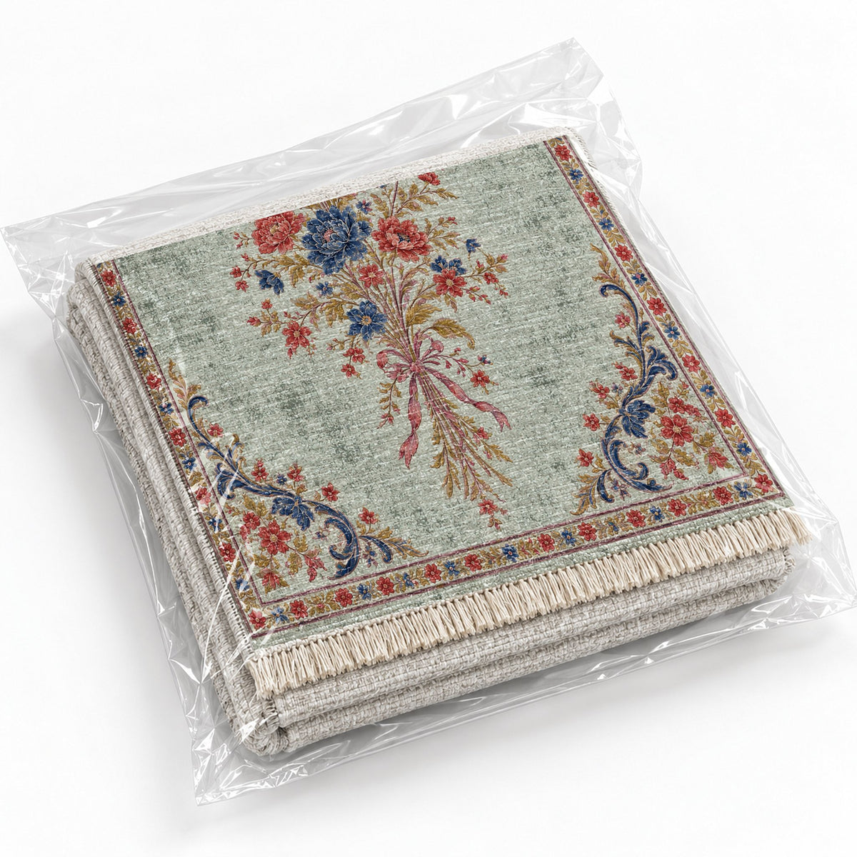 Dissolving Ribbon Bouquet Glacier, Ink & Vermilion washable rug rolled and packaged