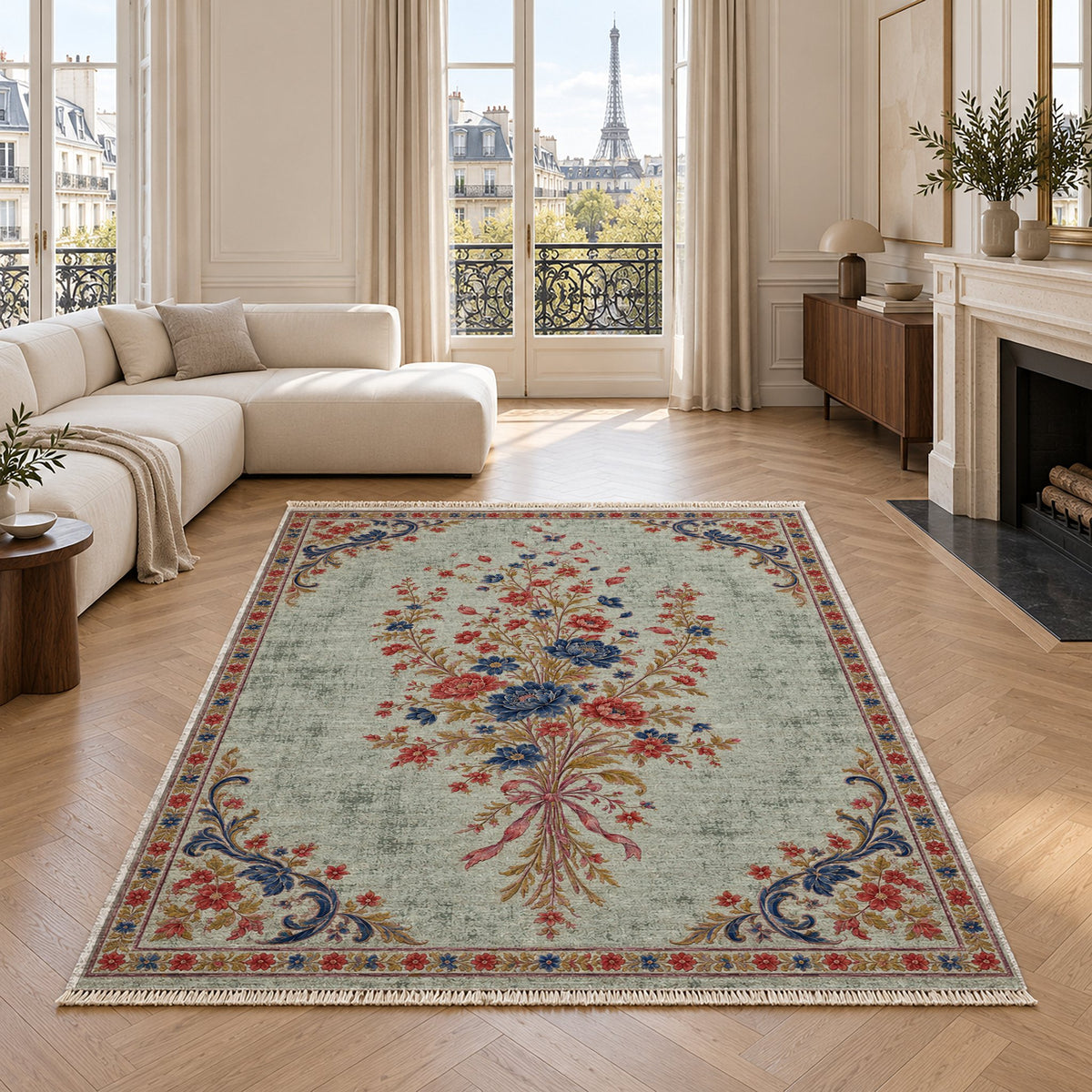 Dissolving Ribbon Bouquet Glacier, Ink & Vermilion washable rug in a living room with an Eiffel Tower view