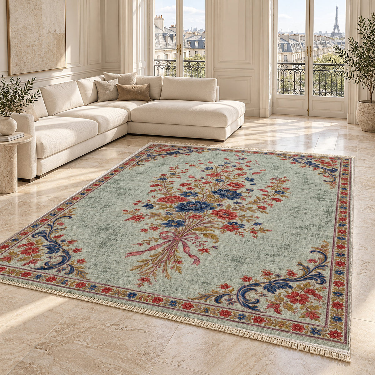 Dissolving Ribbon Bouquet Glacier, Ink & Vermilion washable rug angled room view on marble