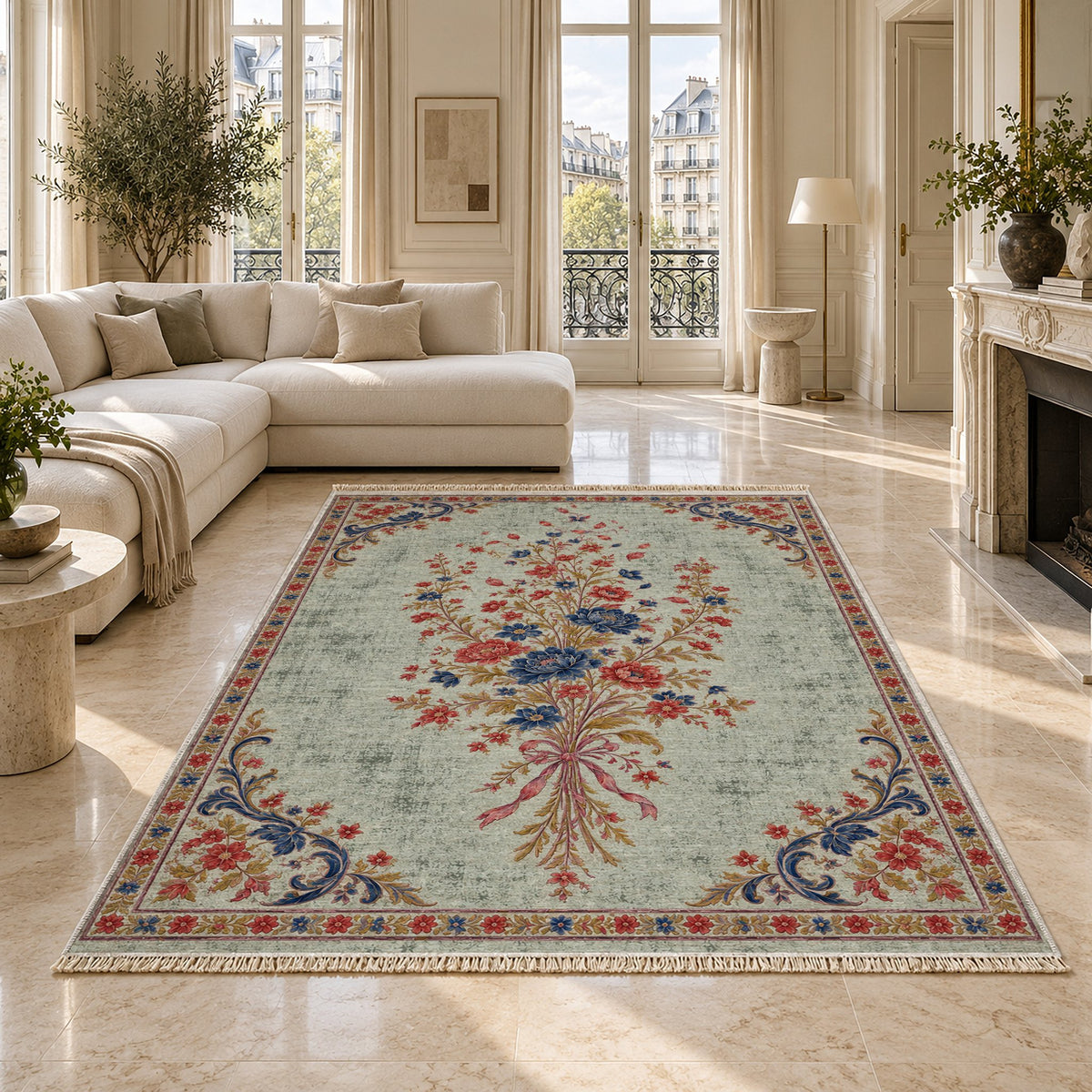 Dissolving Ribbon Bouquet Glacier, Ink & Vermilion washable rug on a marble floor