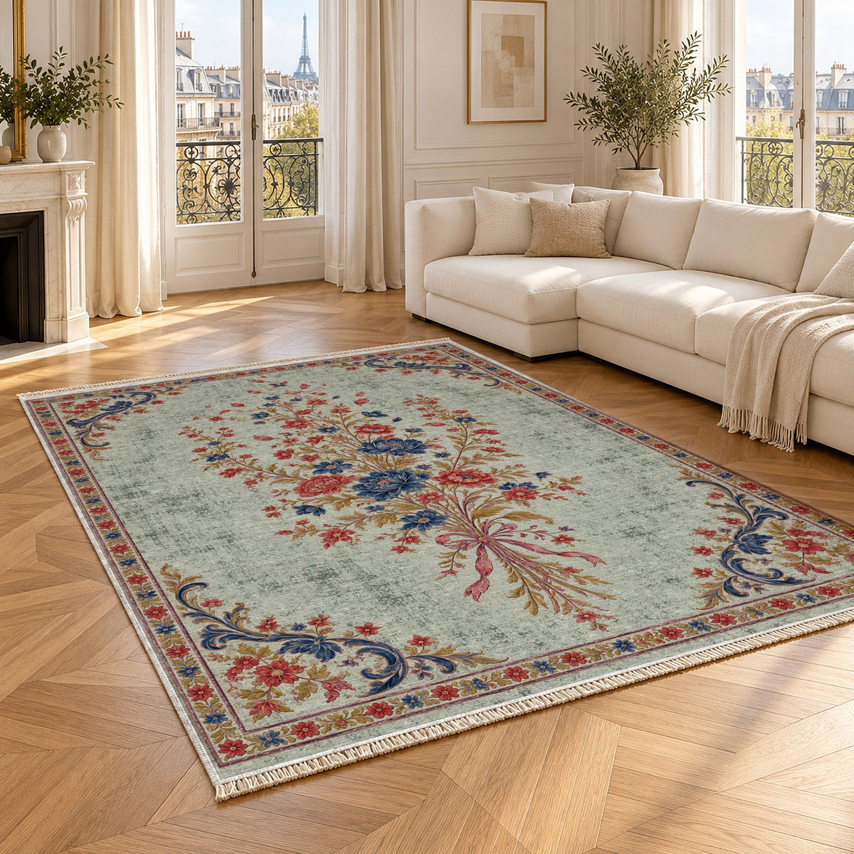 Dissolving Ribbon Bouquet Glacier, Ink & Vermilion washable rug angled room view