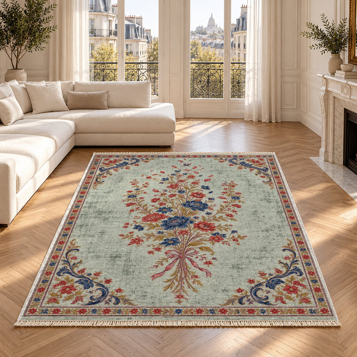 Dissolving Ribbon Bouquet Glacier, Ink & Vermilion washable rug in a Paris living room