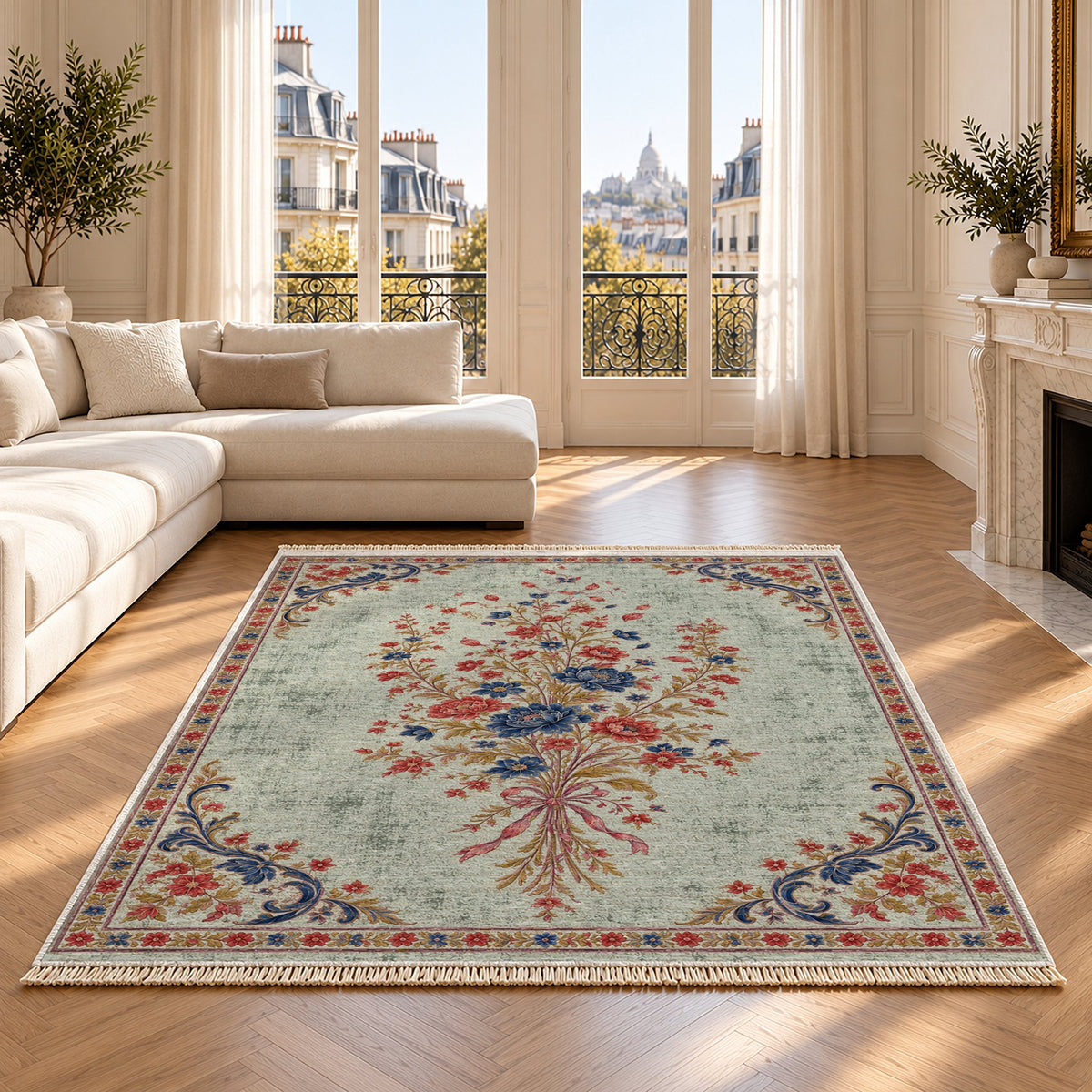 Dissolving Ribbon Bouquet Glacier, Ink & Vermilion washable rug on an oak floor