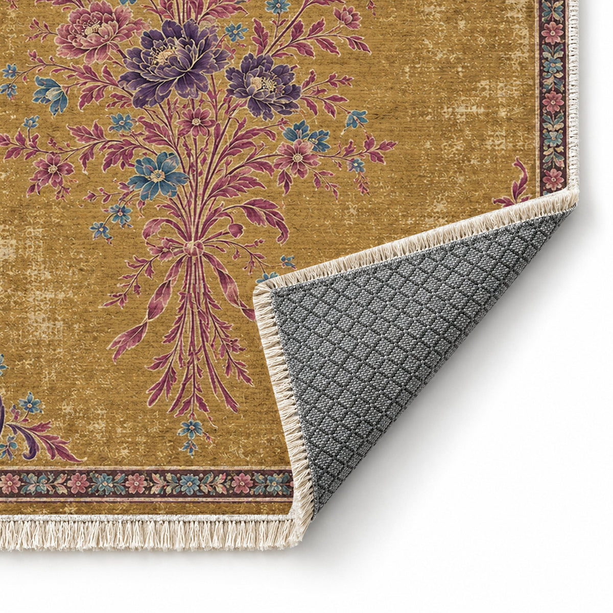 Dissolving Ribbon Bouquet Golden, Plum & Azure washable rug folded corner showing the backing