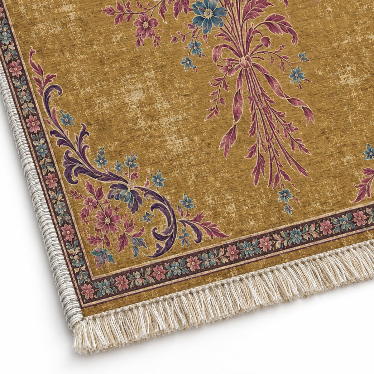 Dissolving Ribbon Bouquet Golden, Plum & Azure washable rug close-up of the printed chenille