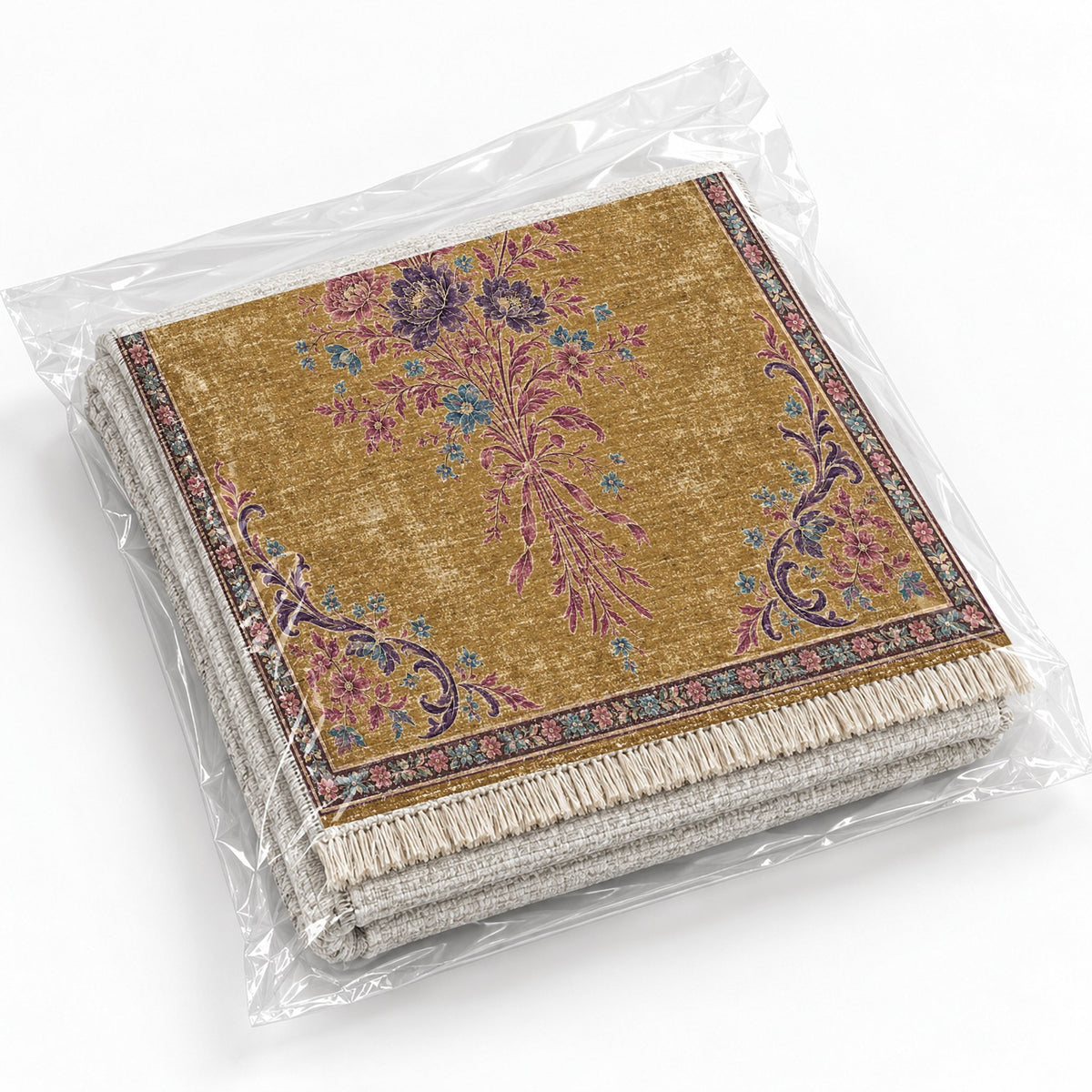 Dissolving Ribbon Bouquet Golden, Plum & Azure washable rug rolled and packaged
