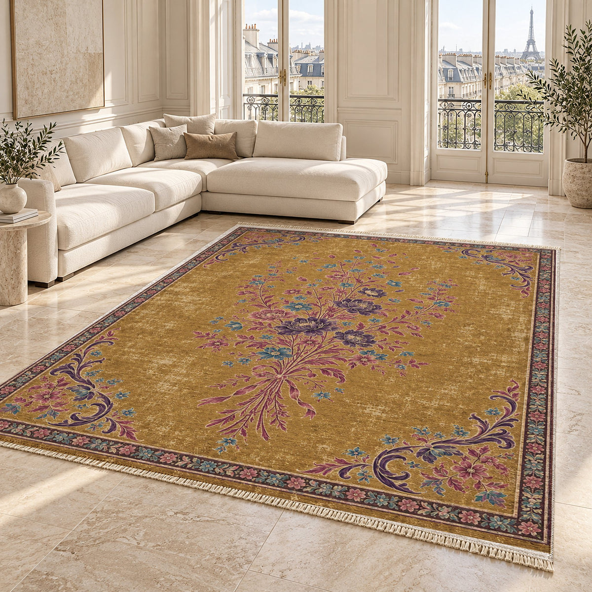 Dissolving Ribbon Bouquet Golden, Plum & Azure washable rug angled room view on marble