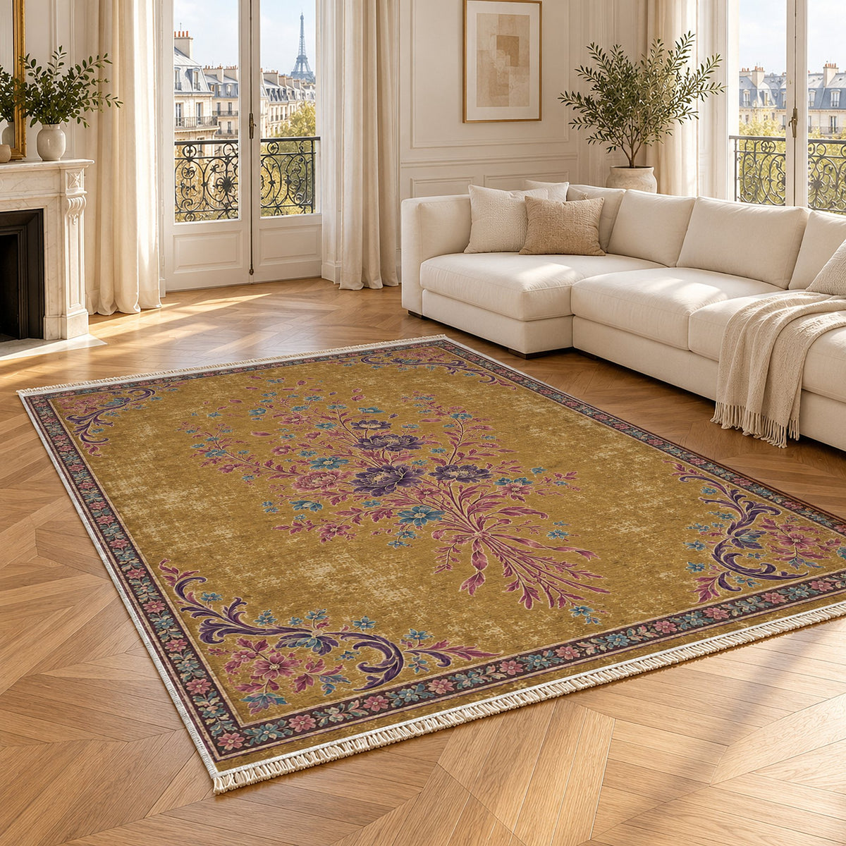 Dissolving Ribbon Bouquet Golden, Plum & Azure washable rug angled room view