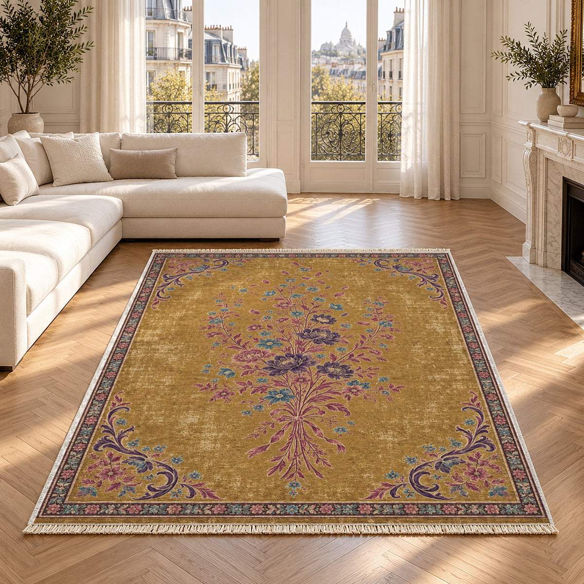 Dissolving Ribbon Bouquet Golden, Plum & Azure washable rug in a Paris living room