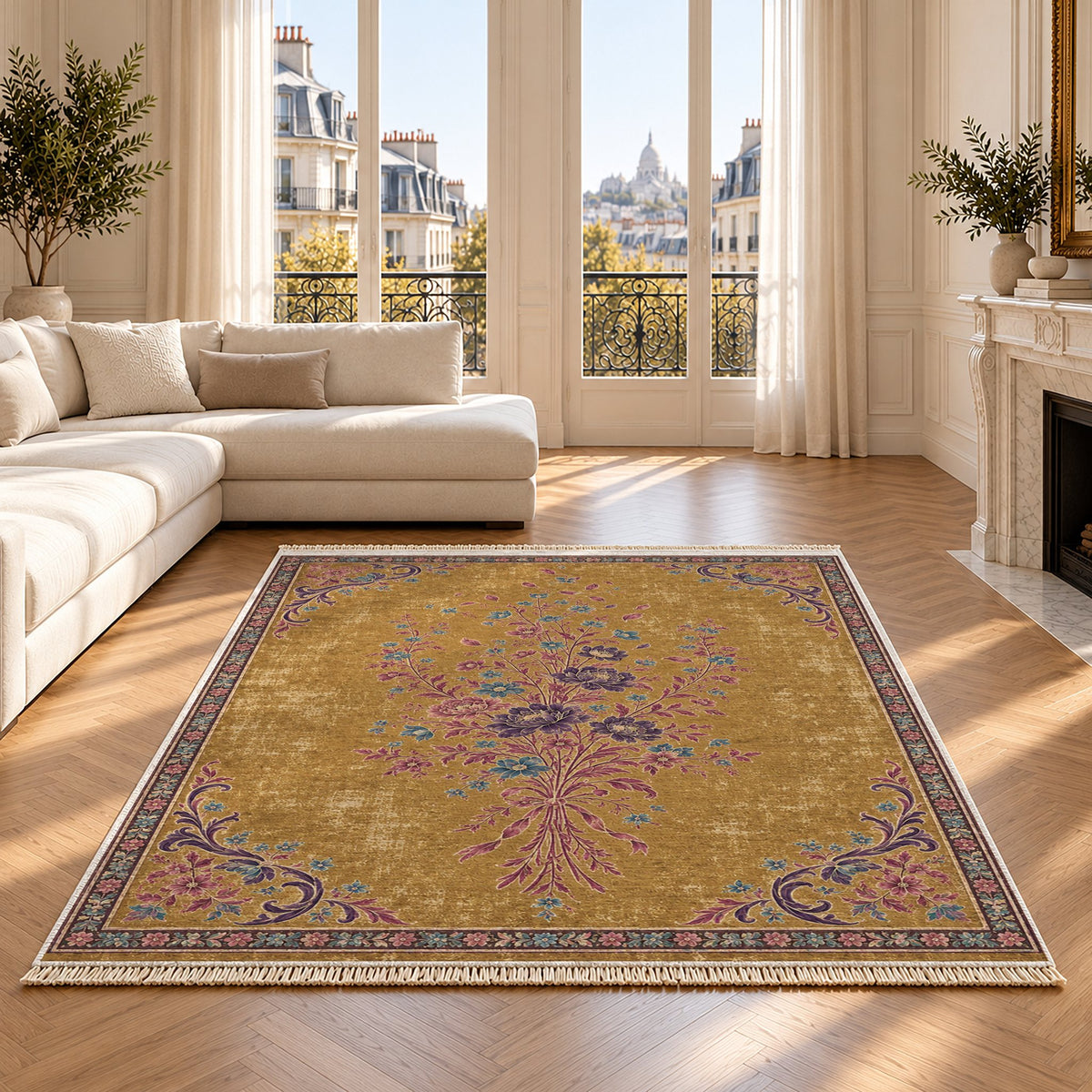 Dissolving Ribbon Bouquet Golden, Plum & Azure washable rug on an oak floor