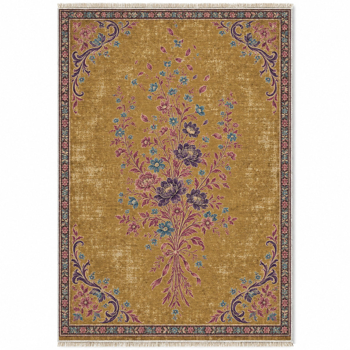 Dissolving Ribbon Bouquet Golden, Plum & Azure washable rug top view
