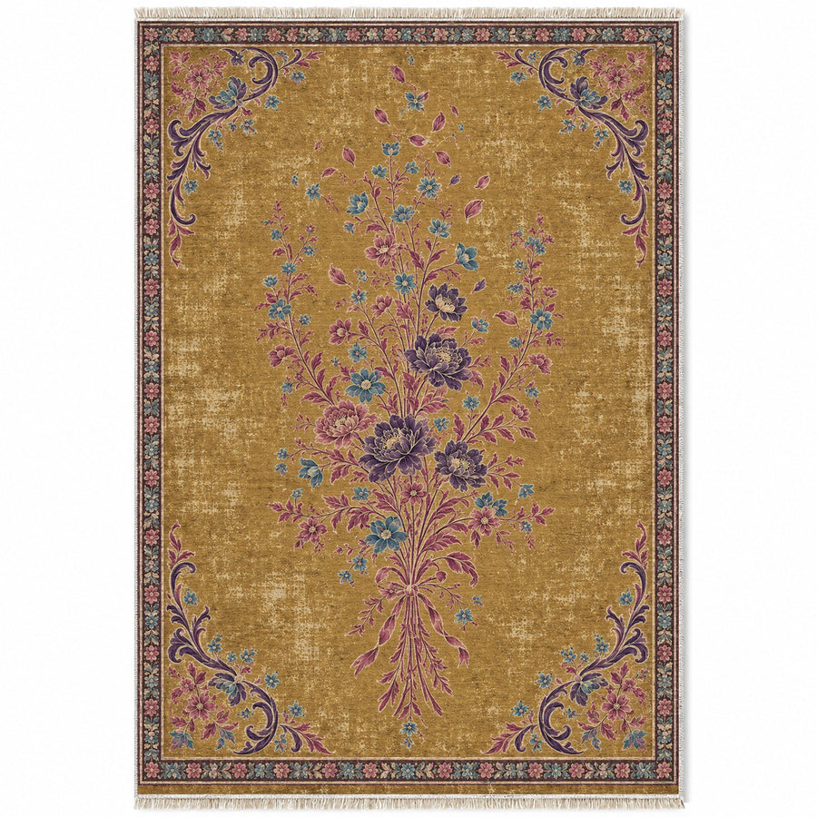 Dissolving Ribbon Bouquet Golden, Plum & Azure Distressed Washable Rug