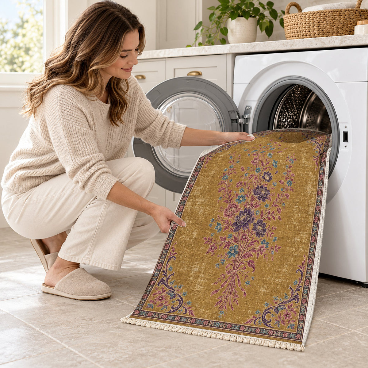 Dissolving Ribbon Bouquet Golden, Plum & Azure washable rug being loaded into a washing machine