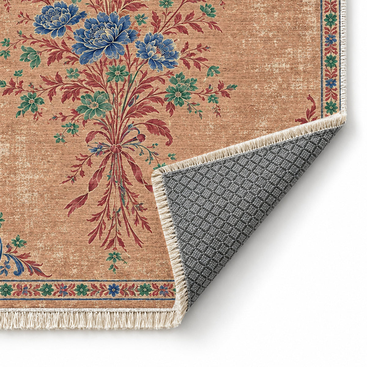 Dissolving Ribbon Bouquet Peach, Cobalt & Jade washable rug folded corner showing the backing