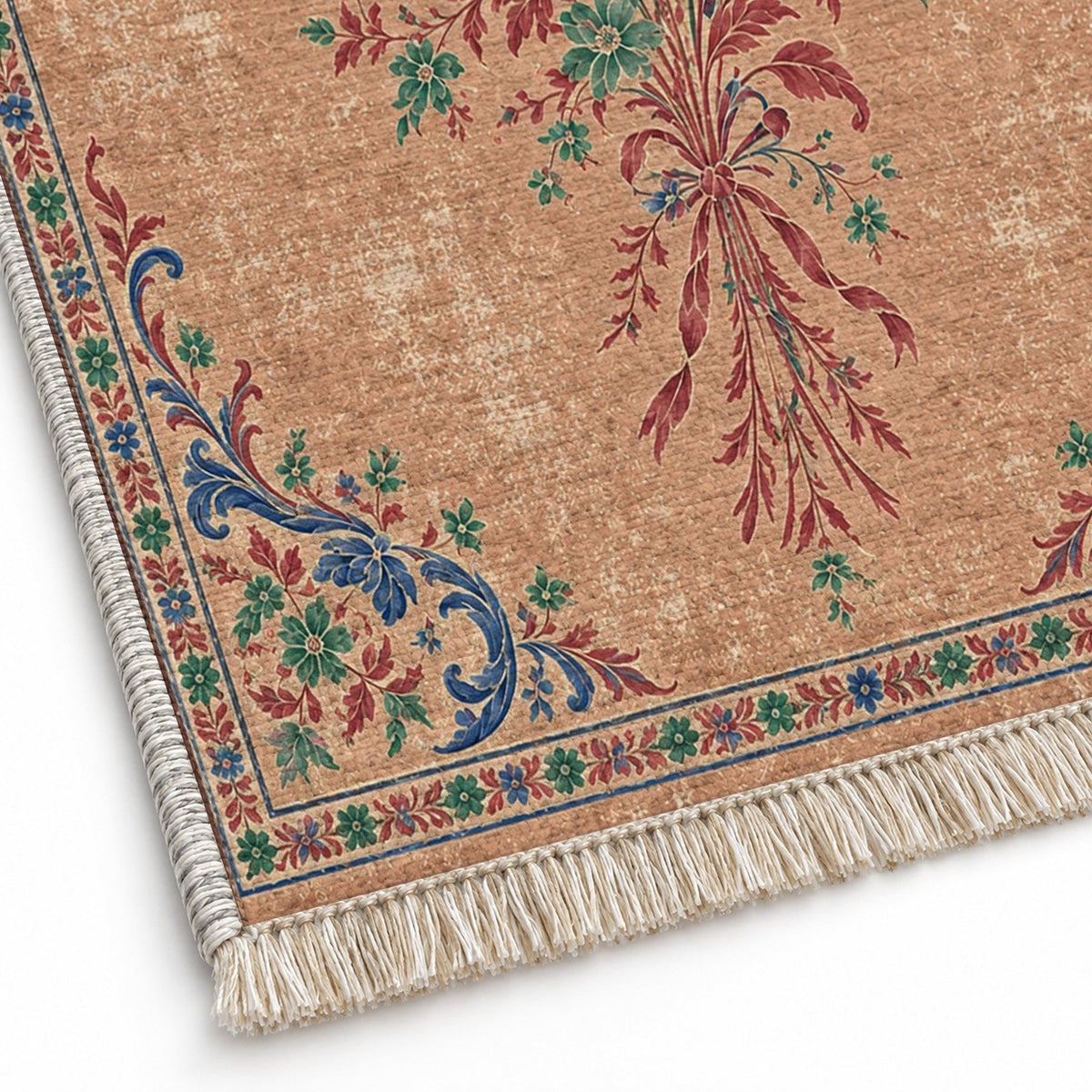 Dissolving Ribbon Bouquet Peach, Cobalt & Jade washable rug close-up of the printed chenille