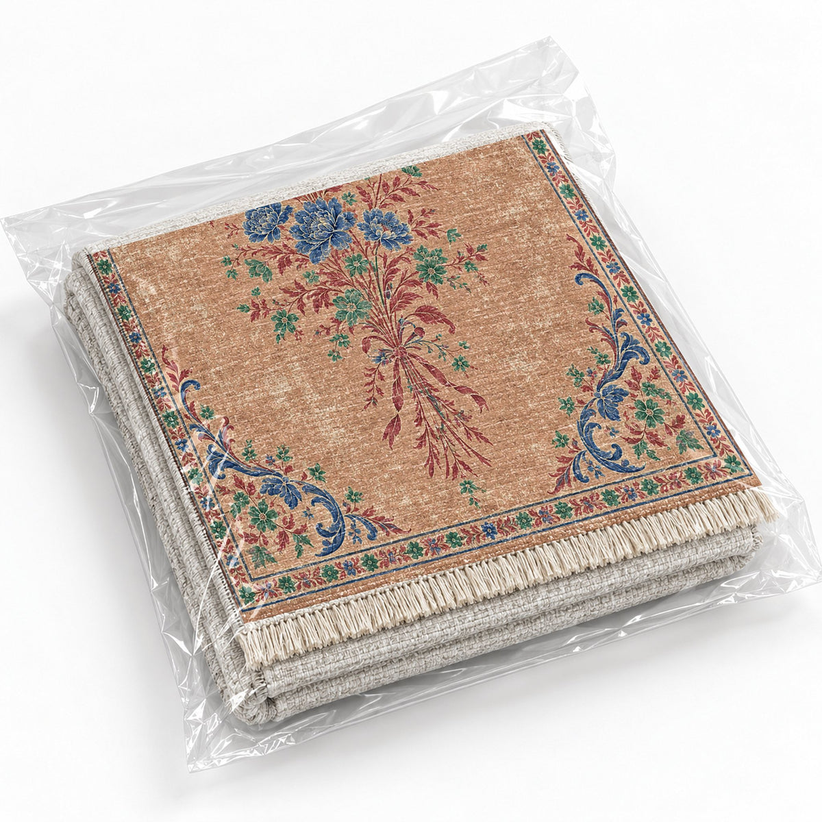 Dissolving Ribbon Bouquet Peach, Cobalt & Jade washable rug rolled and packaged