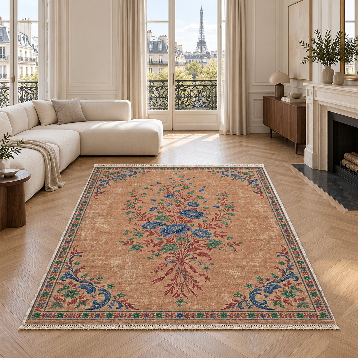 Dissolving Ribbon Bouquet Peach, Cobalt & Jade washable rug in a living room with an Eiffel Tower view