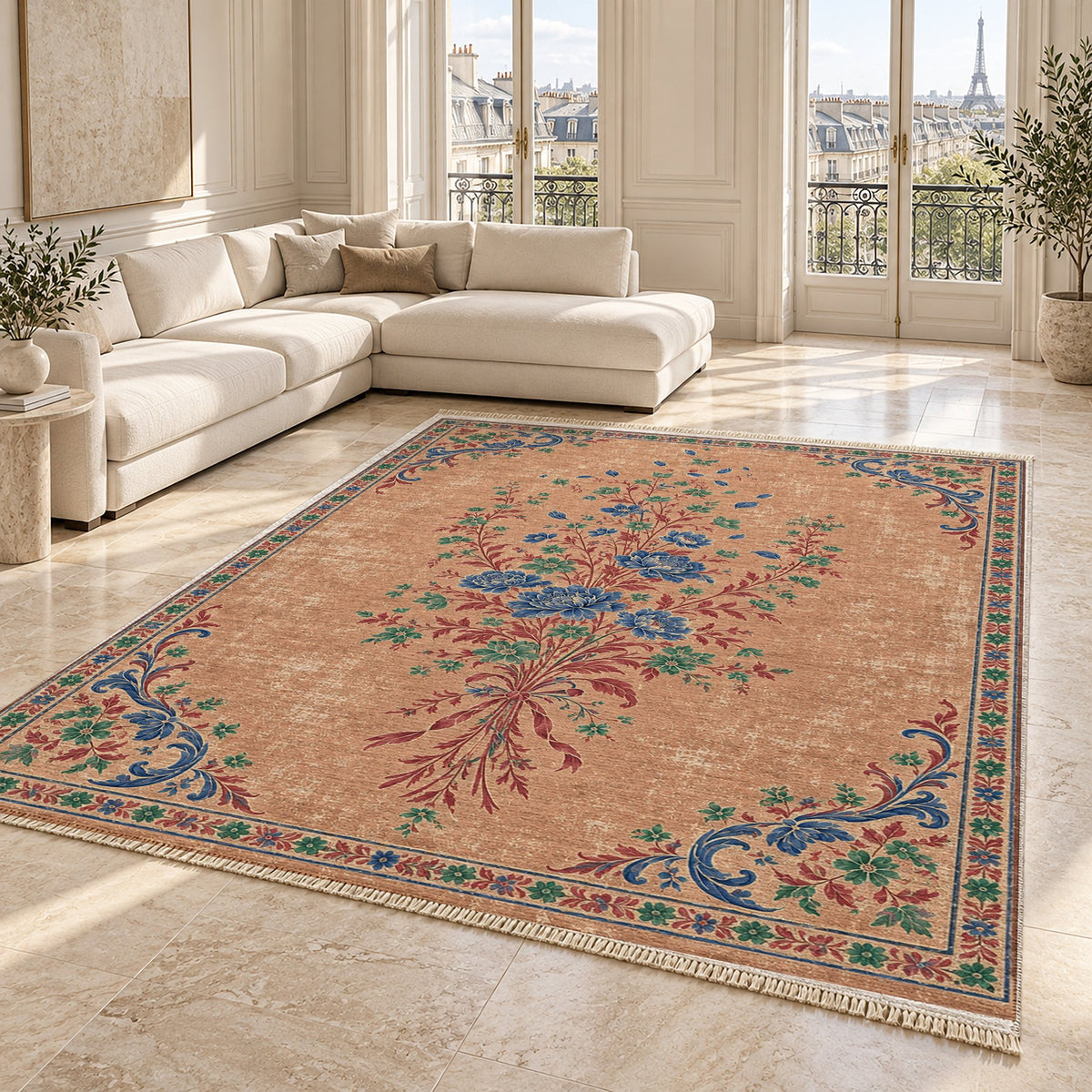 Dissolving Ribbon Bouquet Peach, Cobalt & Jade washable rug angled room view on marble