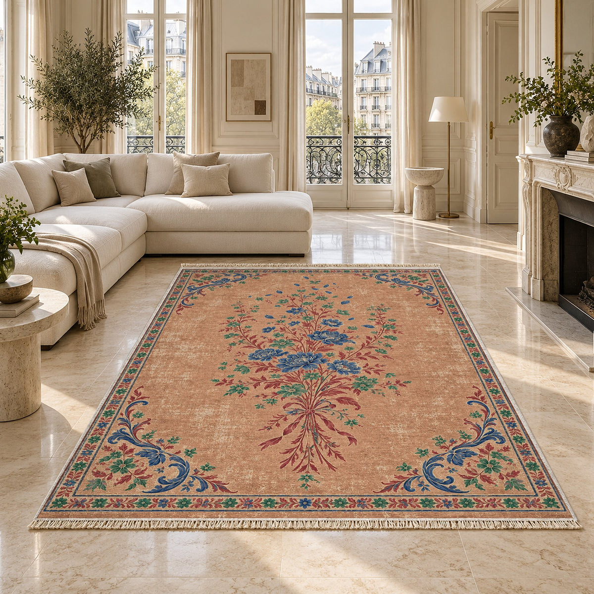 Dissolving Ribbon Bouquet Peach, Cobalt & Jade washable rug on a marble floor