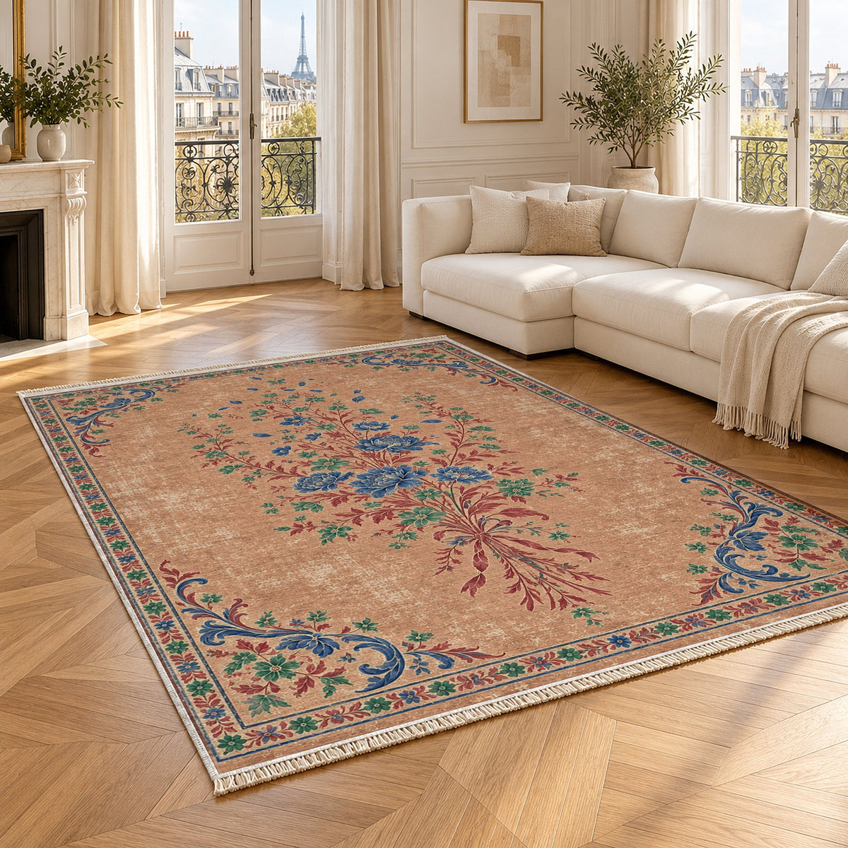 Dissolving Ribbon Bouquet Peach, Cobalt & Jade washable rug angled room view