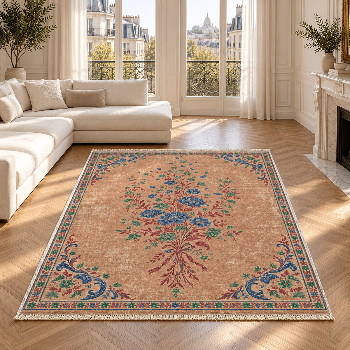 Dissolving Ribbon Bouquet Peach, Cobalt & Jade washable rug in a Paris living room