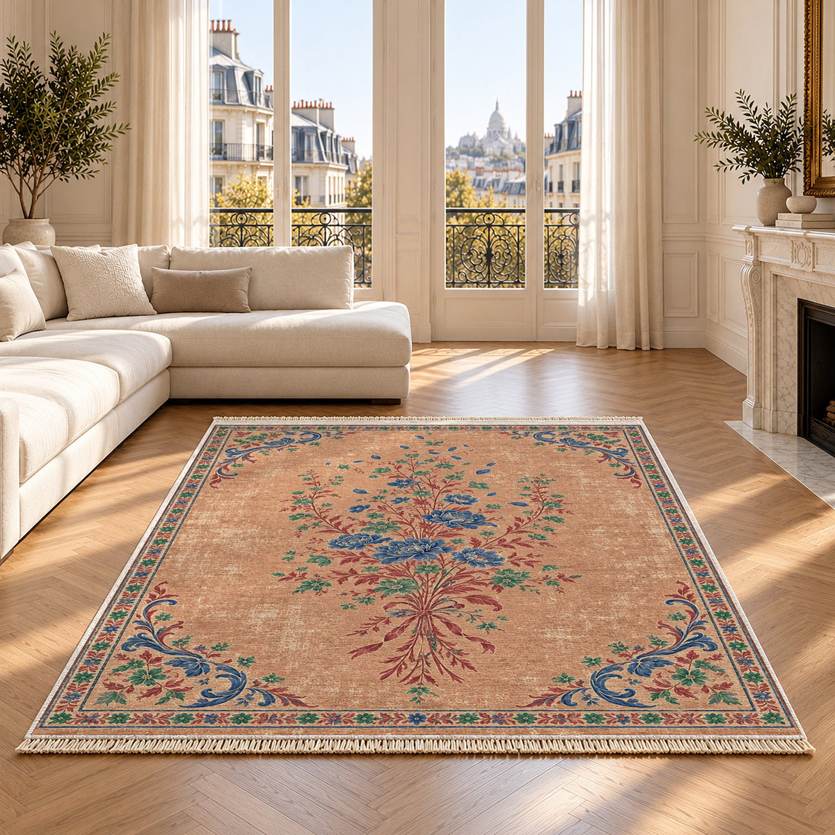 Dissolving Ribbon Bouquet Peach, Cobalt & Jade washable rug on an oak floor
