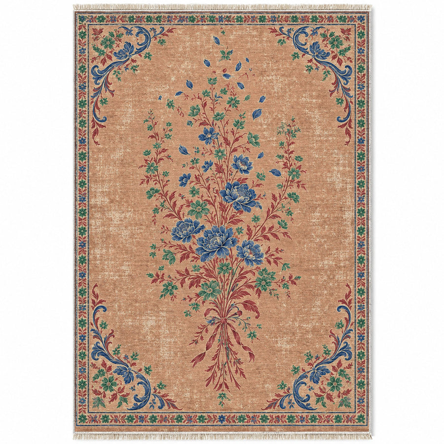 Dissolving Ribbon Bouquet Peach, Cobalt & Jade Distressed Washable Rug